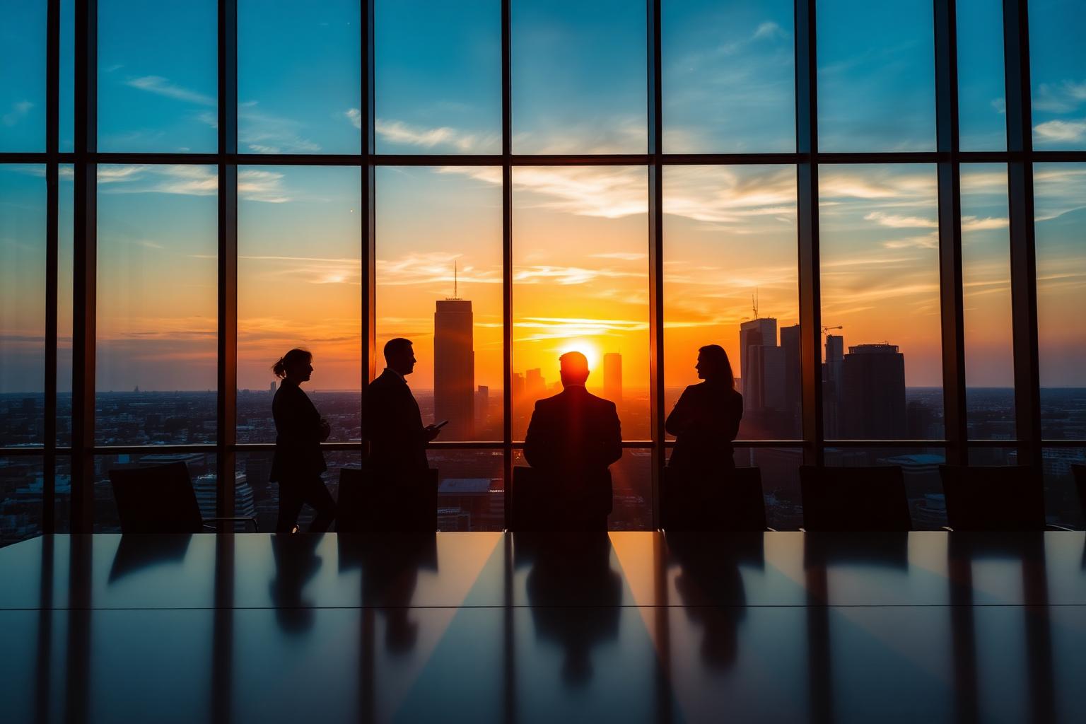 Executives collaborating at sunset in a modern boardroom